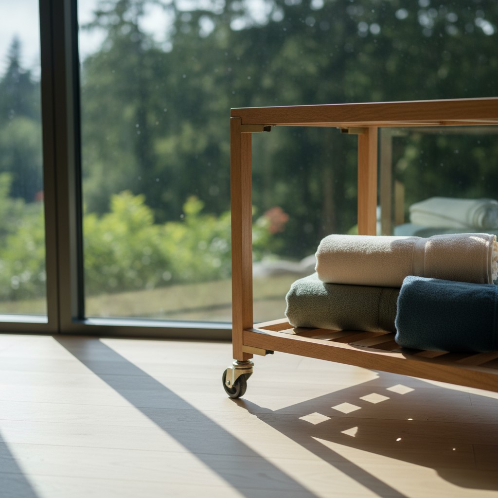 A cart of folded towels at a spa in front of a window with velvety tree tops and greenery outside, [Caption: Zoomed in fro...